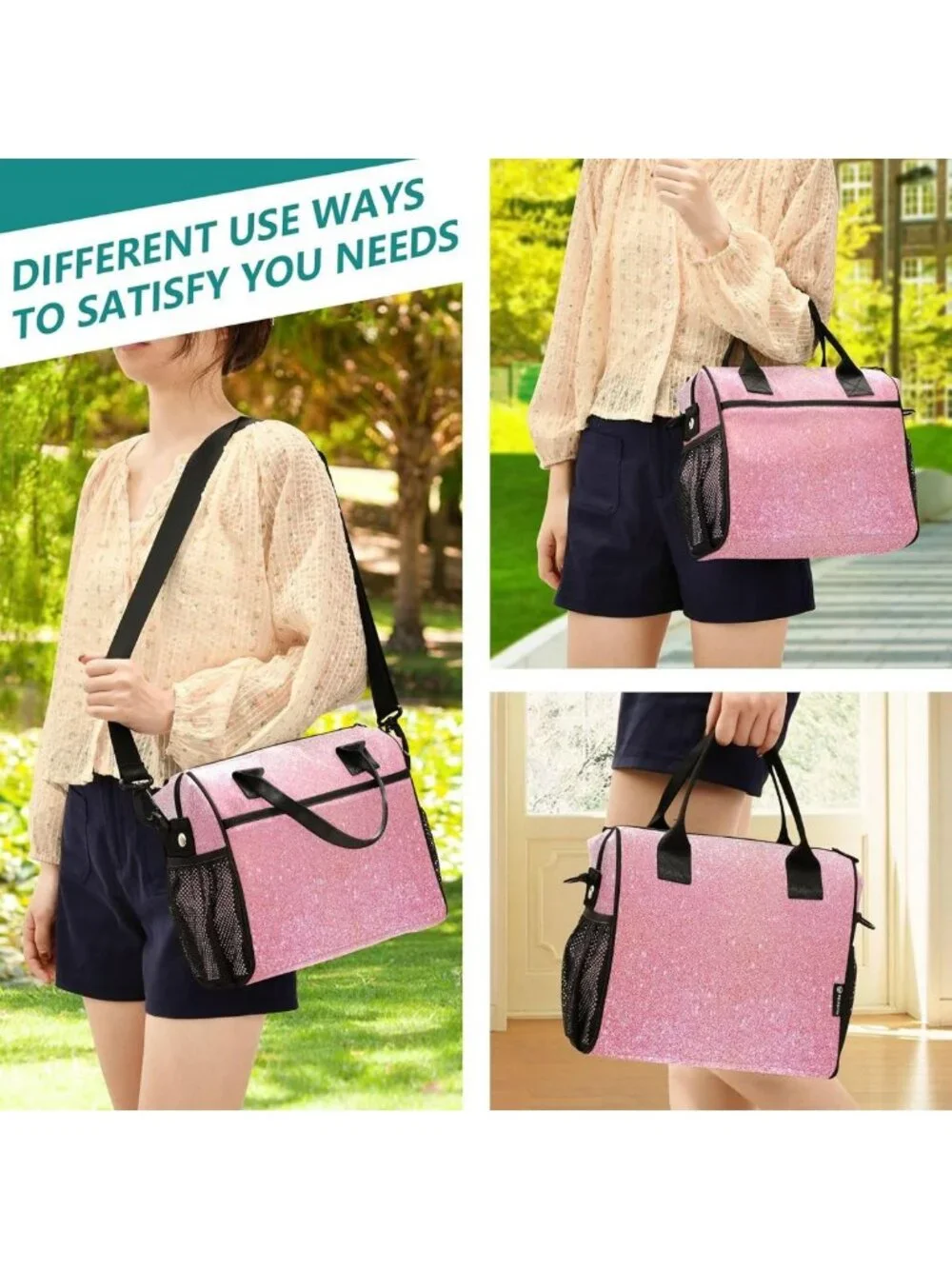Sparkly Pink Glitter Insulated Lunch Bag for Girls & Women - Stylish School Tote